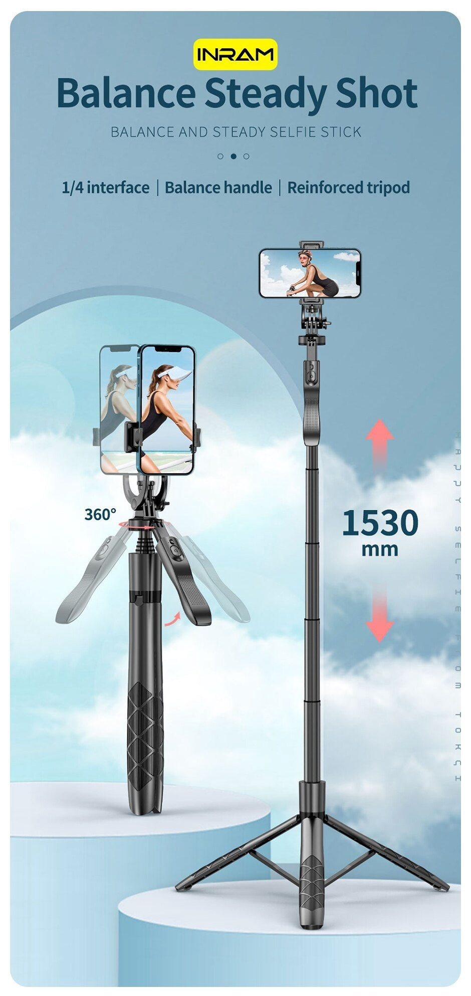 Perche à selfie stabilisatrice au sol télescopique