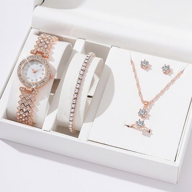 Ensemble montre, collier, boucles d'oreilles et bracelet pour femme