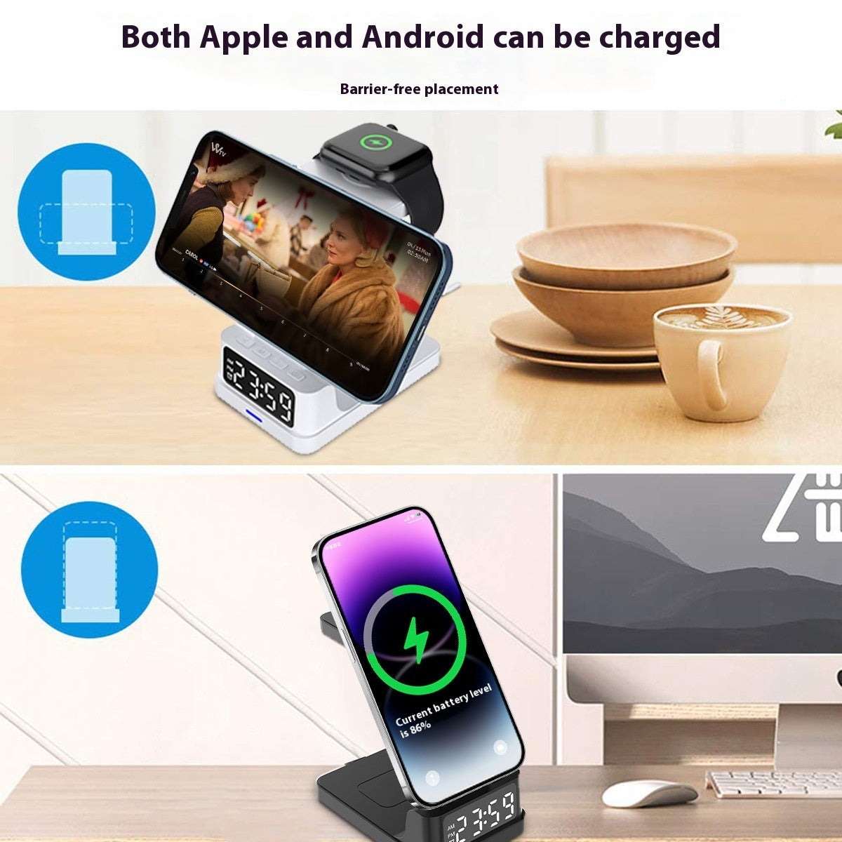 Chargeur magnétique sans fil 3 en 1 15 W avec horloge