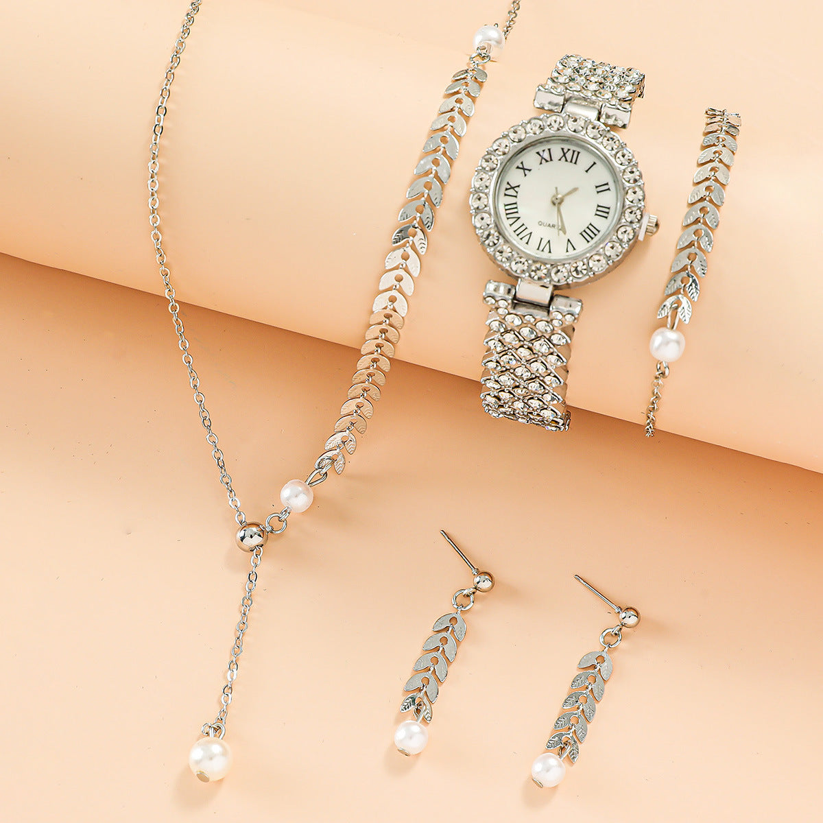 Ensemble montre, collier, boucles d'oreilles et bracelet pour femme