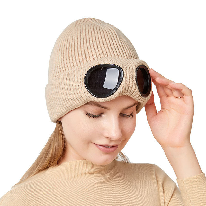 Bonnets en laine tricotés chauds avec lunettes coupe-vent