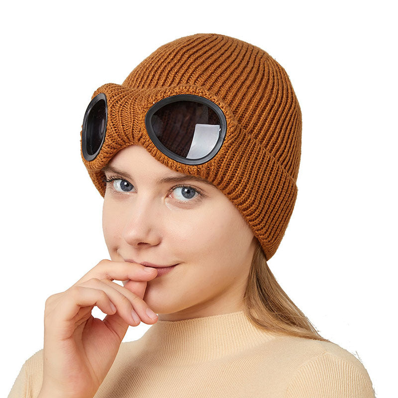 Bonnets en laine tricotés chauds avec lunettes coupe-vent
