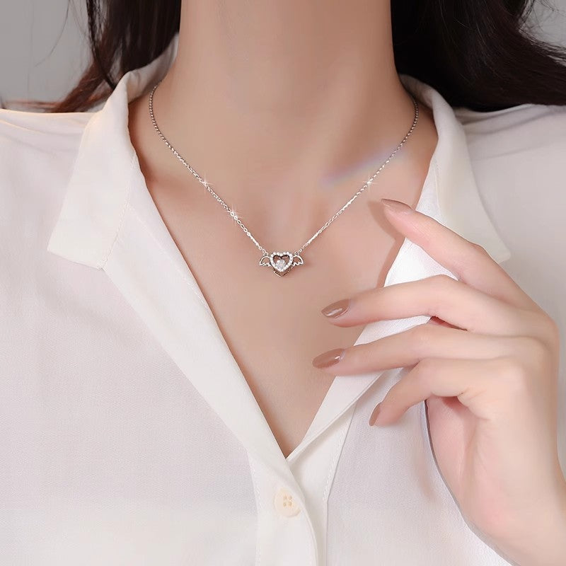 Silver Angel Heart Necklace For Women